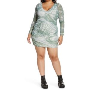 BP Green Marble Mesh Ruched Long Sleeve Bodycon Dress NWT Size Small